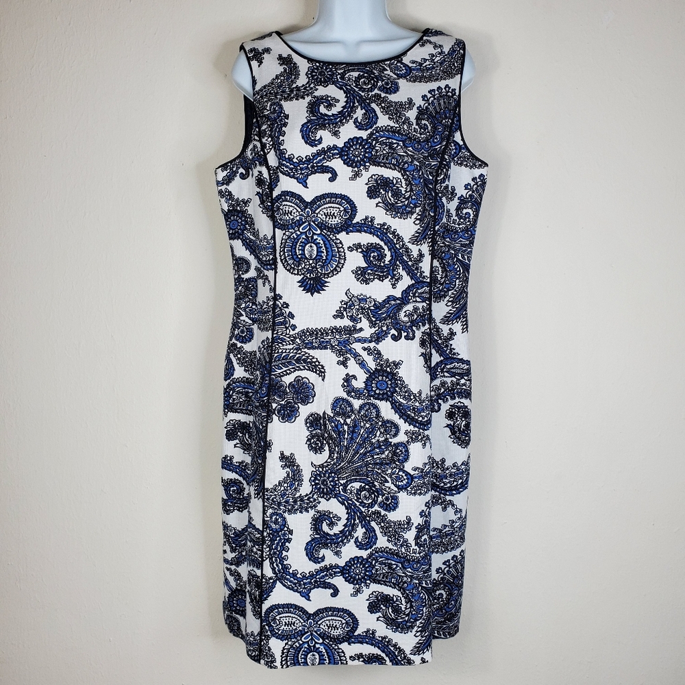 Talbots Elegant Blue and White Paisley Dress Sleeveless Chic Cocktail Size 16